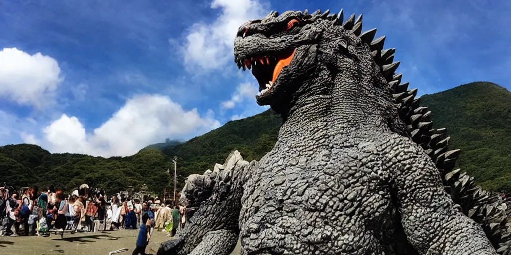 Prompt: a giant stone state of godzilla worshiped as a god, thousands of people make pilgrimage to make offerings, extra wide angle nature documentary