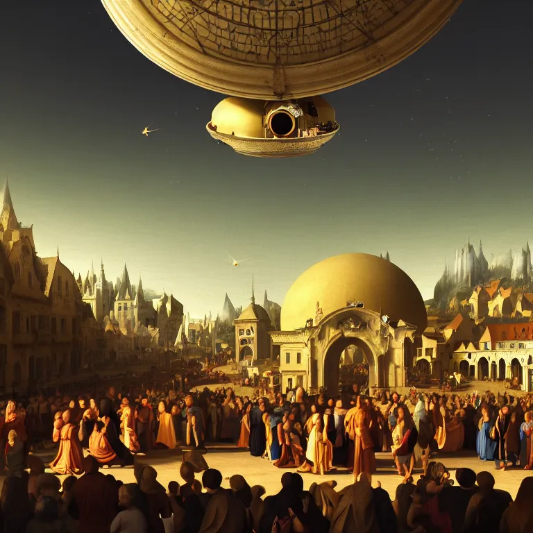 Image similar to crowd of medieval people surrounding UFO flying saucer, dream-like atmosphere, baroque landscape painting, perfect portrait composition, beautiful detailed intricate insanely detailed octane render trending on Artstation, 8K artistic photography, photorealistic, soft natural volumetric cinematic perfect light, chiaroscuro, award-winning photograph, masterpiece, Raphael, Caravaggio, Greg Rutkowski, Beeple