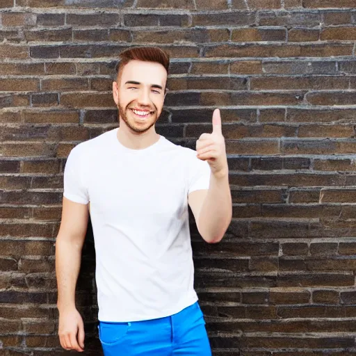 Prompt: stock photo of man smiling and pointing at the camera, white tee-shirt, blue pants, studio shot