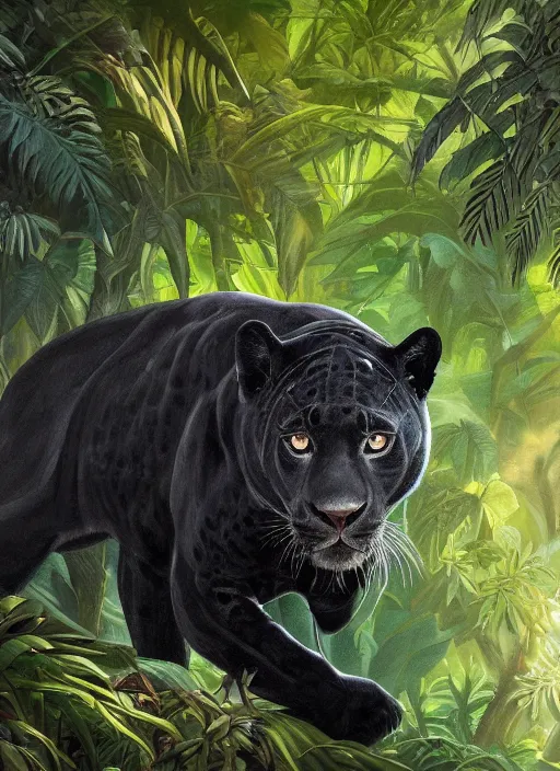 Image similar to a beautiful painting portrait of a black jaguar surrounded by the leaves of the jungle, highly detailed close up, fantasy art, matte painting