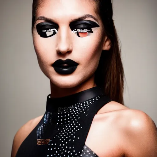 Prompt: close up of the face of a female fashion model on catwalk, model wearing a geometric black dress with circuit print, photography , fashion shooting , highly detailed