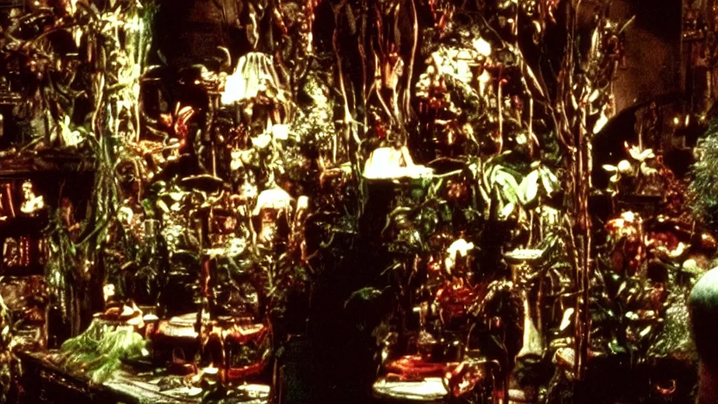 Prompt: Tim Burton's Little Shop of Horrors, movie still, 1994, dramatic lighting, gothic design