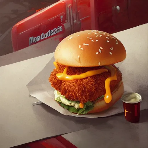 Image similar to Mcdonalds crispy chicken sandwich, extra hot sauce, greg Rutkowski