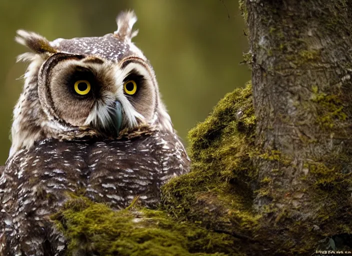 Image similar to an award winning photo of an owlbear, enviromental portrait, forest, 4 k, wildlife photography, high quality, national geographic