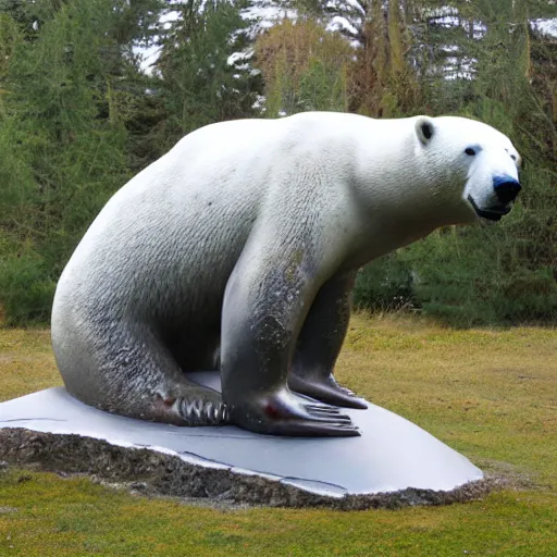 Prompt: metal sculpture of polar bear eating a seal