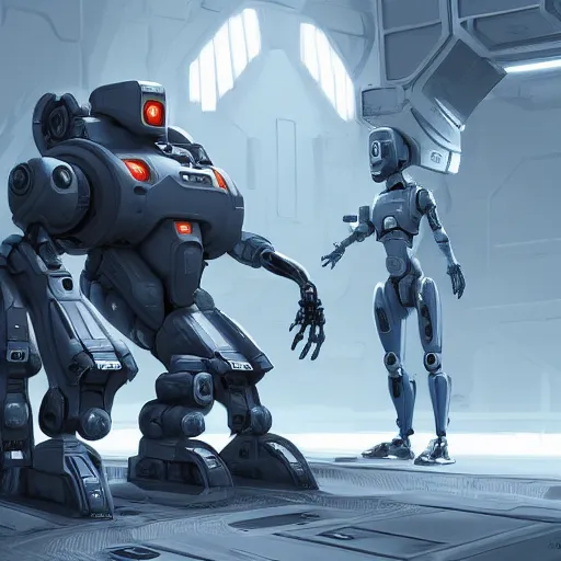 Image similar to scifi hard surface robot getting programmed with computer by eddie mendoza,