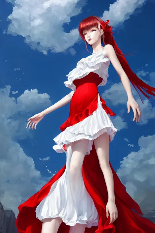 Image similar to the beautiful white frilled red dress girl standing in the hyper big and tall tower, looking at the, low angle, highly detailed, digital painting, artstation, concept art, smooth, sharp focus, illustration, Unreal Engine 5, 8K, art by Hiroaki Samura and Jiro Matsumoto