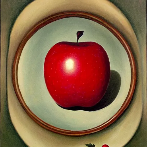 Image similar to a surrealistic painting of an apple surrounded by mirrors pointed at the apple