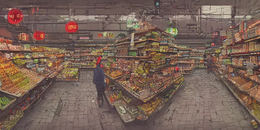 Image similar to cyberpunk grocery store overview mapa design, Moebius, Greg Rutkowski, Zabrocki, Karlkka, Jayison Devadas, Phuoc Quan, trending on Artstation, 8K, ultra wide angle, pincushion lens effect