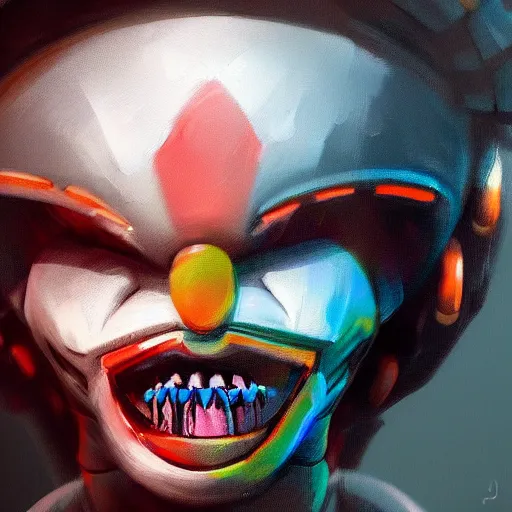 Image similar to concept art of robot clown by jama jurabaev, cinematic shot, brush hard, artstation, cgsociety, high quality, brush stroke