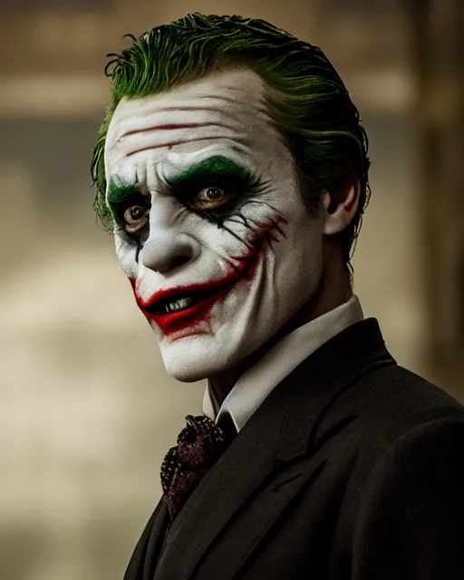 Image similar to Christoph Waltz as The Joker in gotham city, dynamic lighting, realistic, 8k HDR