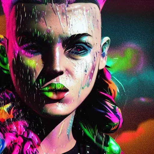 Prompt: splashes of neon clouds, mowhawk, punk women portrait made out of paint with rain in the background, trending on artstation, epic composition, emotional, beautiful, rendered in octane, highly detailed, realistic, comic book art, sharp focus, matte painting, unreal engine