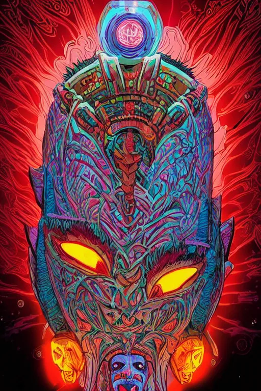 Image similar to totem animal tribal chaman vodoo mask feather gemstone plant video game illustration vivid color borderlands by josan gonzales and dan mumford radiating a glowing aura