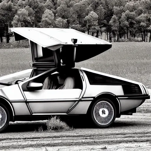 Image similar to a monochromatic sepia photograph of a delorean in a line of covered wagons,