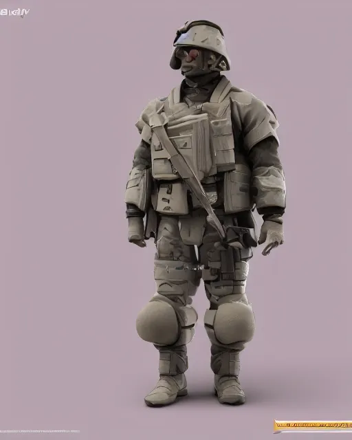 Prompt: full body 3d render of soldier as a joy toy, studio lighting, white background, blender, trending on artstation, 8k, highly detailed