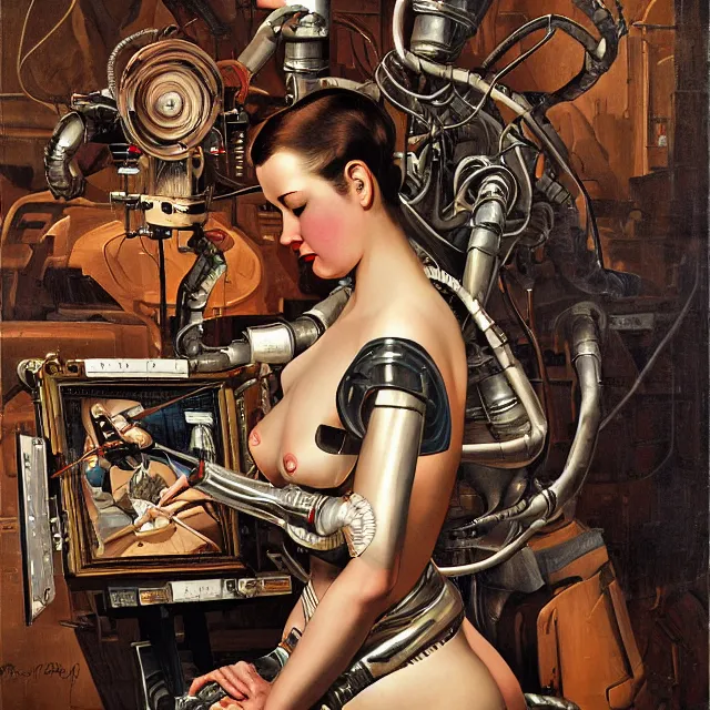 Prompt: robot artist painting a self - portrait on a canvas. intricate, highly detailed, digital matte painting in the style of gil elvgren and in the style of h. r. giger. irony, recursion, inspiration.