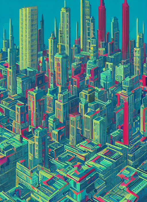 Prompt: drawing of a city with tall buildings, poster art by kilian eng, behance contest winner, psychedelic art, tesseract, dystopian art, parallax