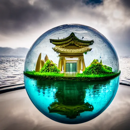 Prompt: macro photo of a temple inside a water sphere, depth of field, highly detailed photo