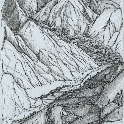 Image similar to mountains an trees in fantasy map style, high detailed drawing, drawing on wihte paper