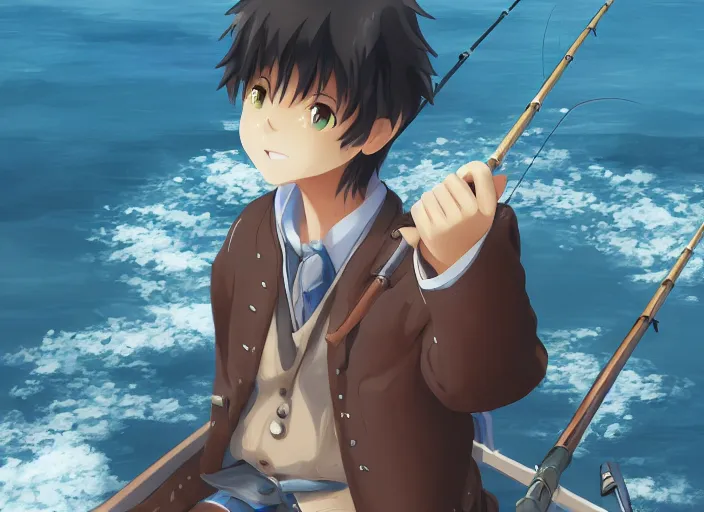 the fisher man use net for catch fish anime style