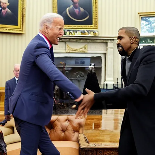 Image similar to Kanye West throwing a shoe at Joe Biden in the oval office