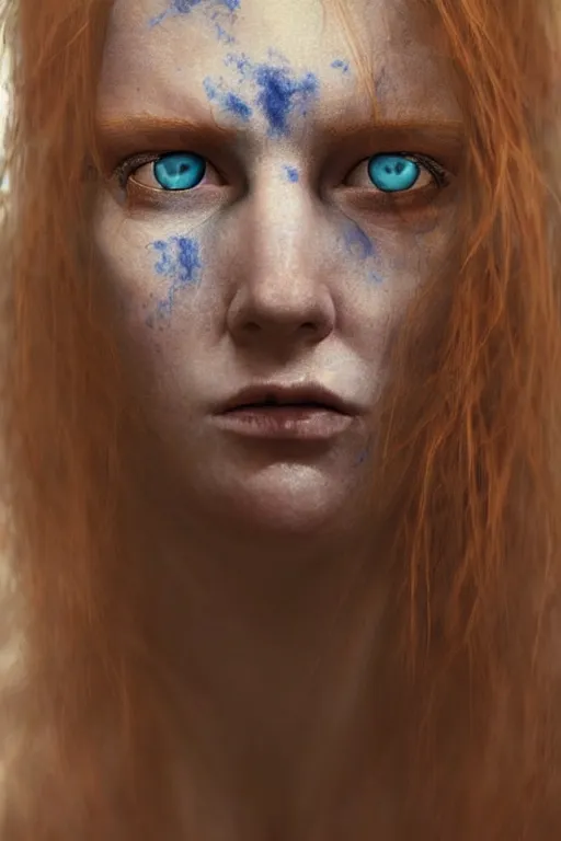 Image similar to outer body projection of beautiful woman, blue eyes, angry look, messy ginger hair, 4 k, cinematic lighting, hdr, highly detailed, ultra fine detail, photoreal, sharp focus, art by zdislav beksinski, rendered in octane, raytraced