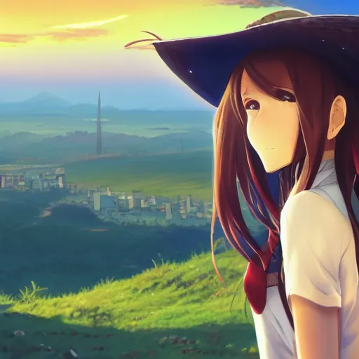 Image similar to closeup of an Anime girl wearing a sombrero vueltiao\' with the city of Armenia Quindio in the background, Artwork by Makoto Shinkai, official media, 8k, wallpaper, high definition, wallpaper, hd, digital artwork