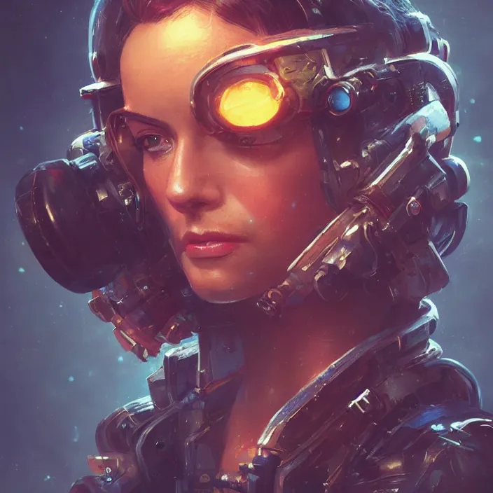 Image similar to a head and shoulders portrait of a female space pirate, neon, retro, steampunk, smooth, sharp focus, intricate, artstation, detailed concept art by Greg Rutkowski and Norman Rockwell and artgerm and Petros Afshar