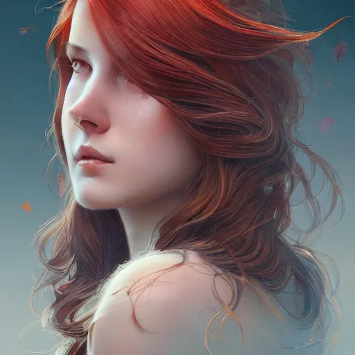 Image similar to girl with super long hair, hair becoming autumn red leaves, intricate, highly detailed, digital painting, artstation, concept art, smooth, sharp focus, illustration, unreal engine 5, 8 k, art by artgerm and greg rutkowski and alphonse mucha