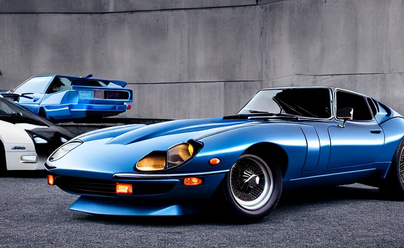 Prompt: a detailed combination of a dark blue jaguar e - type, lamborghini countach and a datsun 2 4 0 z, concept photo, 8 k, highly detailed, dramatic lighting