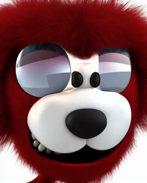 Image similar to 3 d render of completely red hairy friendly monster smiling wearing chrome shades, simple, cute, cartoony, white background, unreal engine 5 hdr