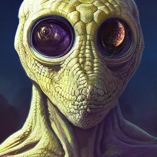 Image similar to reptile alien in a space suit, highly detailed, digital painting, artstation, concept art, smooth, sharp focus, portrait by greg rutkowski