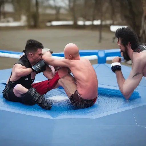 Prompt: 3 people fighting over a floating octagon