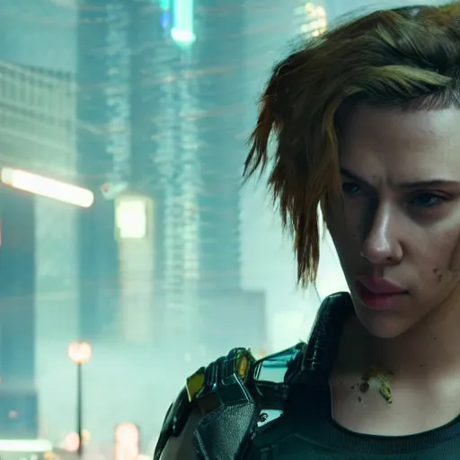 Prompt: injured scarlett johansson after a bad mission in Cyberpunk 2077. CP2077. 3840 x 2160