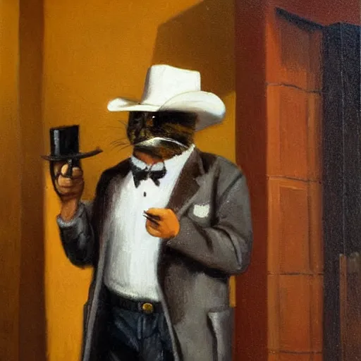 Prompt: a cat wearing a cowboy hat, smoking a cigar, holding a gun into the camera as he enters a saloon, oil painting