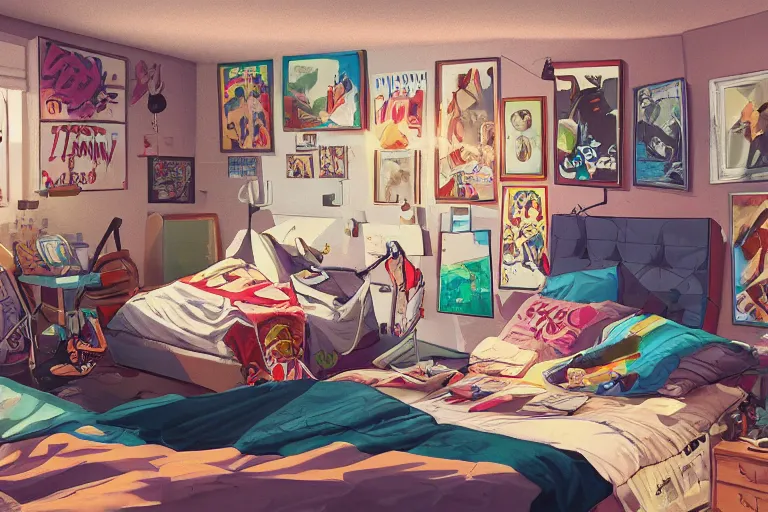 Prompt: a room of an american teen, graffiti and posters on the wall, bed, guitar, bright, the sun shines in, warm, cozy, isometric art, bright, artstation, highly detailed, cinematic lighting + masterpiece