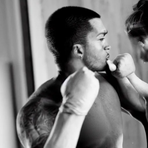 Prompt: close-up photo of a woman punching a man