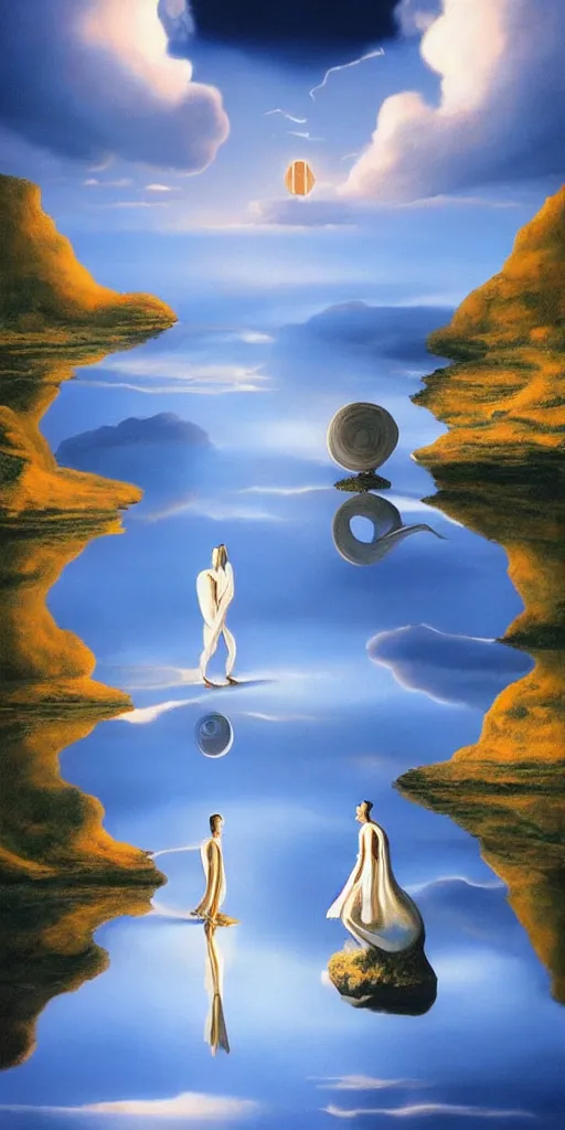 Image similar to symmetry!! they looked at each other, surreal landscape, serene, peace, very detailed, perfect composition, perfect lighting, 4 k, salvador dali, tim white, artgerm