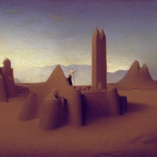 Prompt: a sand castle in the desert, by Jean-Auguste-Dominique Ingres and Albert Bierstadt and John Singer Sargent, concept art, aesthetic, high definition