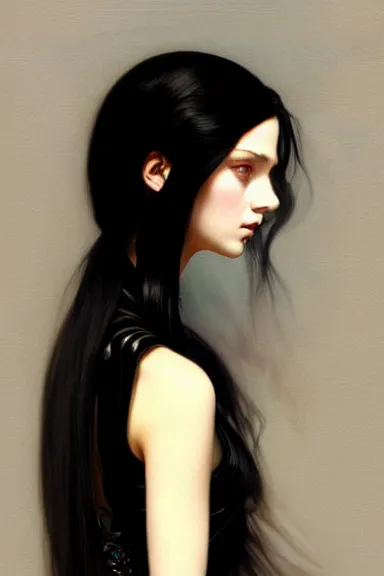 Image similar to portrait of teenage girl with long glossy black hair, blue eyes, glowing skin, fashion model features, fantasy, intricate, elegant, black dress, highly detailed, digital painting, artstation, concept art, smooth, sharp focus, illustration, art by Krenz Cushart and Artem Demura and alphonse mucha