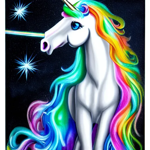 Prompt: luminescent detailed airbrush painting of magical white unicorn with long flowing rainbow colored mane