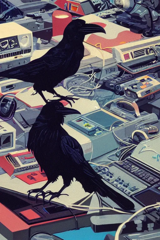 Prompt: a raven drowning in 8 0 s era technology, vintage shapes, retro technology, soft color, wayne barlow, oil on canvas, deep depth of field, masterpiece, cinematic composition, hyperdetailed
