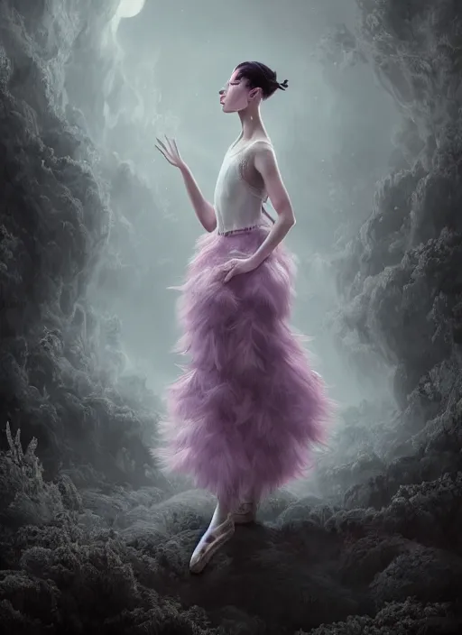 Image similar to picture generation, soft painting curiosities carnival, beautiful prima ballerina in full long dress, accurate features, focus, very intricate ultrafine details, black white purple volumetric clouds, award winning masterpiece, octane render 8 k hd, tom bagshaw artstyle