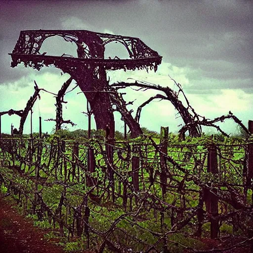 Prompt: “ a terrifying alien looms over a broken bridge, vines growing, wooded area ”