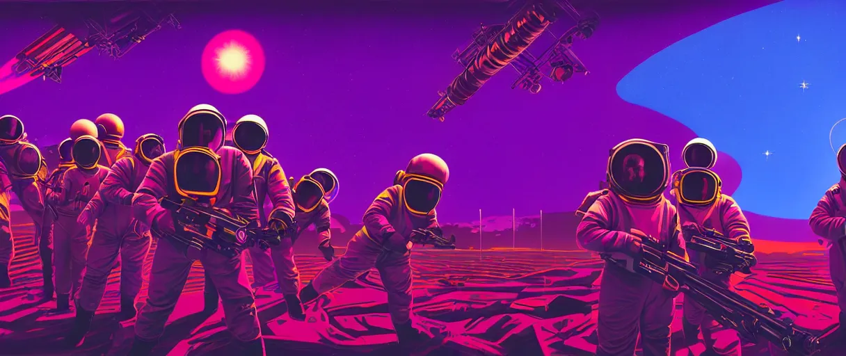 Image similar to hyper detailed neo-surreal neon purple and red communist propaganda poster of space workers from the 2070s sharp cinematic lighting 8k wide angle shallow depth of field