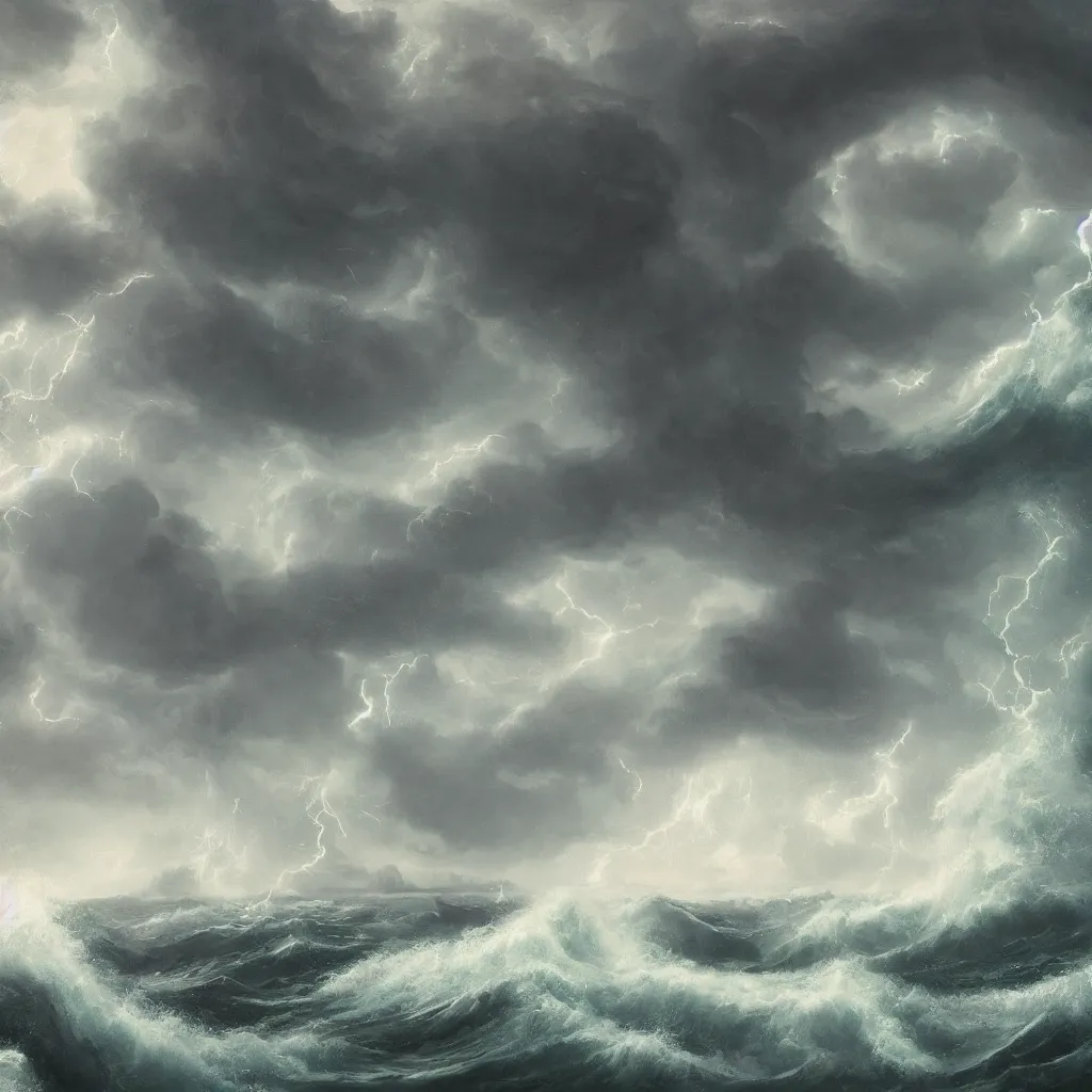 Image similar to a fantasy book landscape with a giant dark kraken. stormy sea with a small boat, giant waves, lightning in the background, oil painting, 4 k