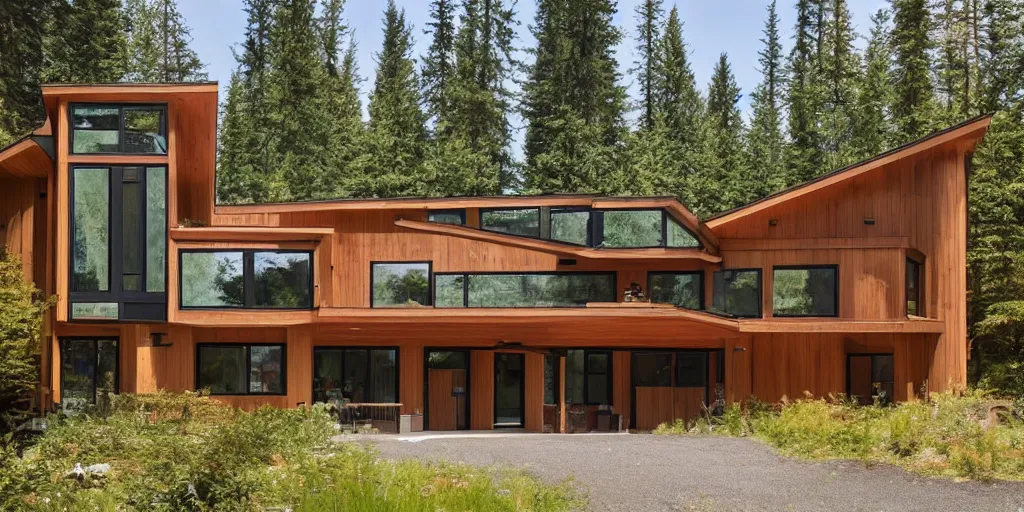 Image similar to large modern lodge type residence, cascadian, cedar and concrete, many large windows