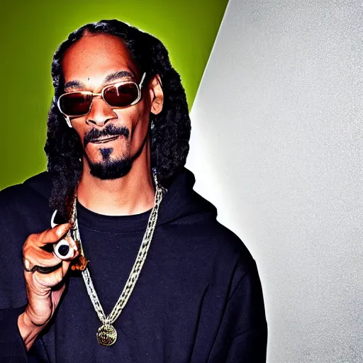 Image similar to Snoop Dog with big eyes eye color red , smiling and holding a joint in his hand