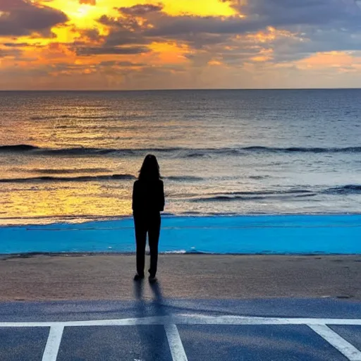 Image similar to a woman facing a blue energy portal on the street, which shows a beach at sunset