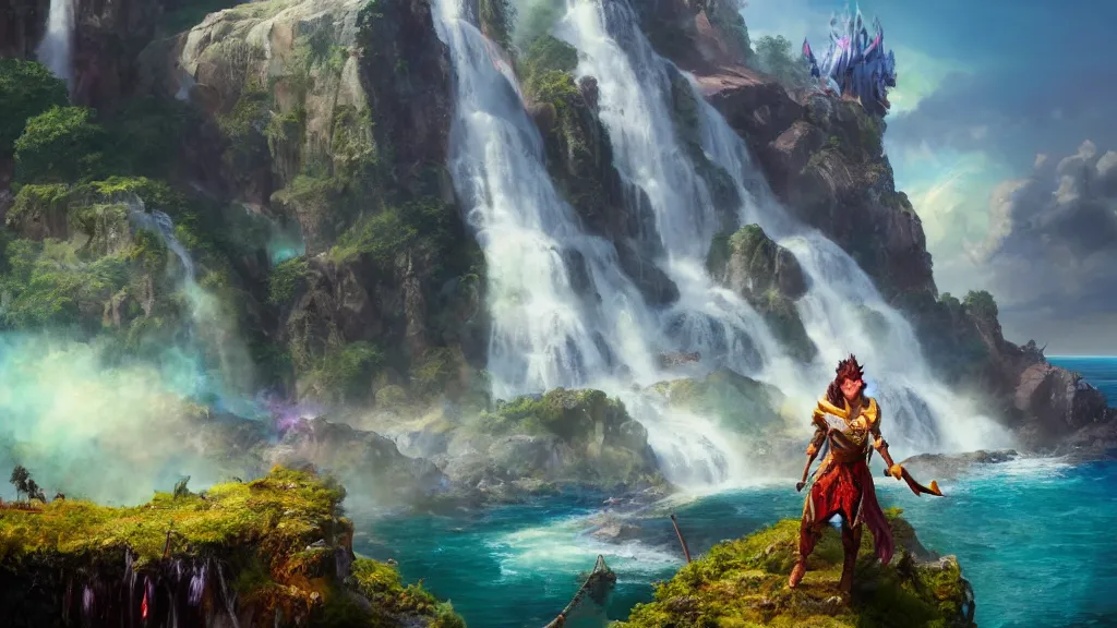 Prompt: A Fantasy Warrior, standing on a cliffside, beside a beautiful colourful waterfall, over looking a large Fantasy city in the middle of the ocean, trending artstation, 8k, highly detailed, matte painting, concept art, over the shoulder wide shot